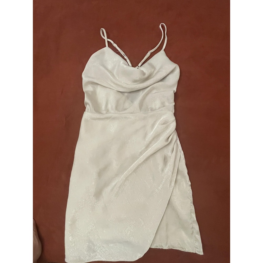 SkyLar Rose Dress Womens S White Satin Cowl Neck Slip Mini Lined Ruched Wrap